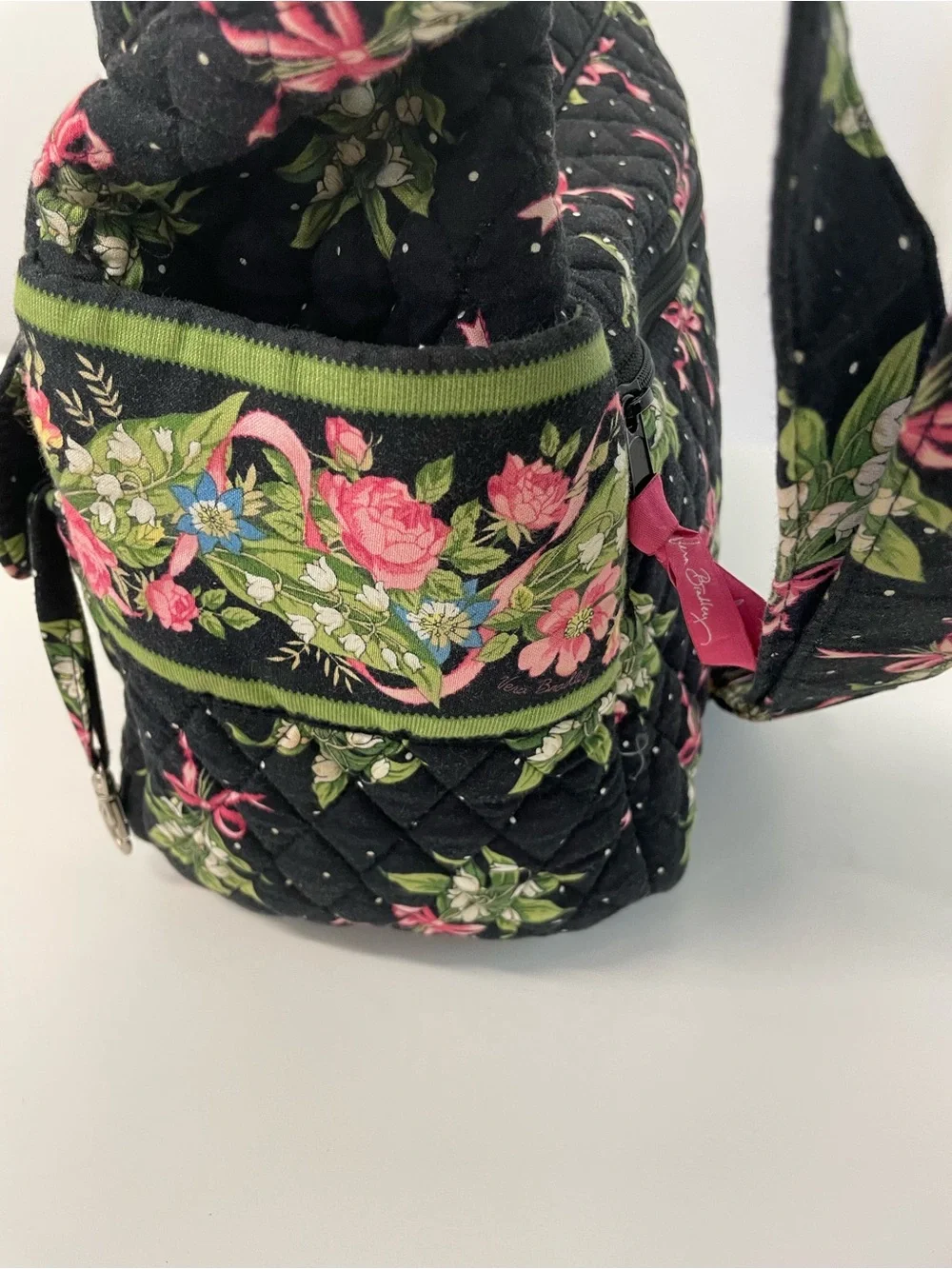 Vera Bradley Black Quilted Cosmetic Bag with Pink Ribbon Floral Print